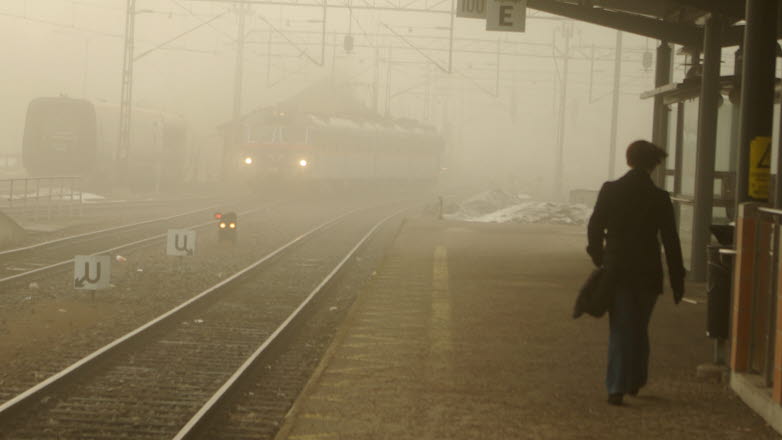 Tåg ankommer till en dimmig perrong.