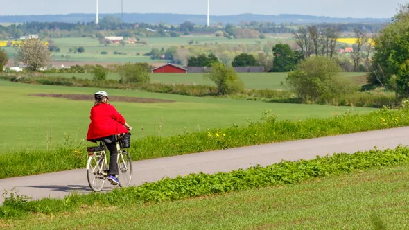 Woman cycling on a country road