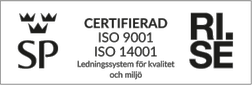 Certifieringsmärke för ISO 9001 och ISO 14001.