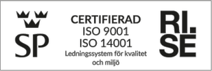 Certifieringsmärke ISO 9001 och ISO 14001.